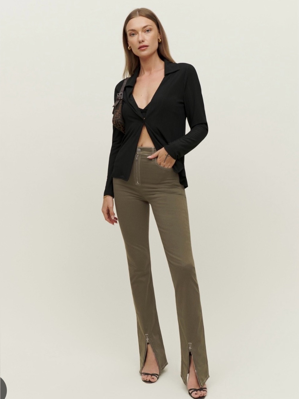 Reformation Toby Ultra High Rise Bootcut Jeans Olive Green Size 26 Stretch Denim